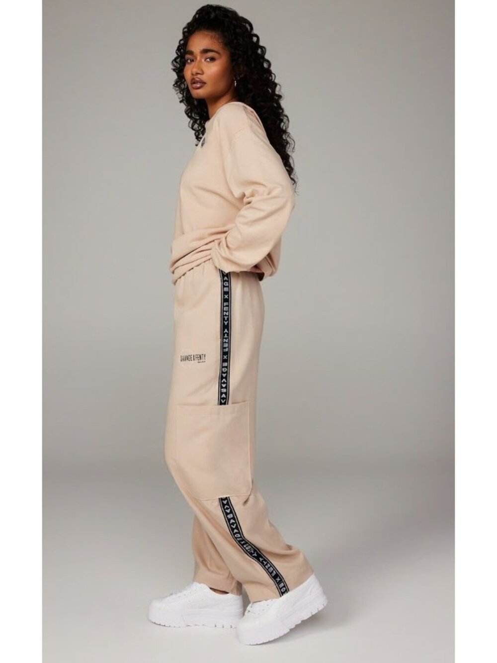 Savage X Fenty Logo Tape Cargo Pants Beige Soft Canvas Ankle Oversized Small
